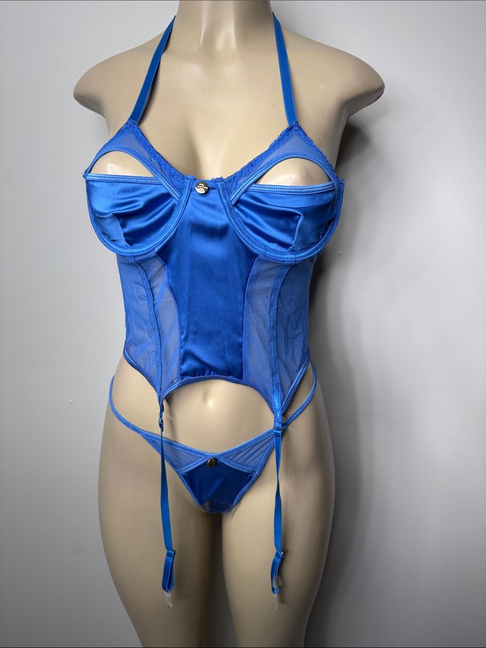 PrettyLittleThing Electric Blue Satin Cut-Out Bustier & Thong Set